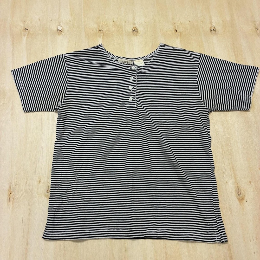 Vintage Erika & Co Shirt Womens Petite Medium Black Stripe Short Sleeve Henley